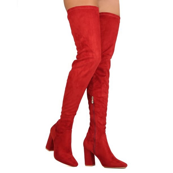 PrettyLittleThing Shoes - Red Thigh High Faux Suede Boots